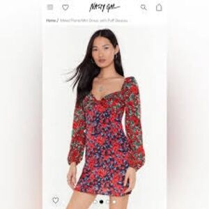 Nasty Gal Red and Blue Floral Long Sleeve Dress
